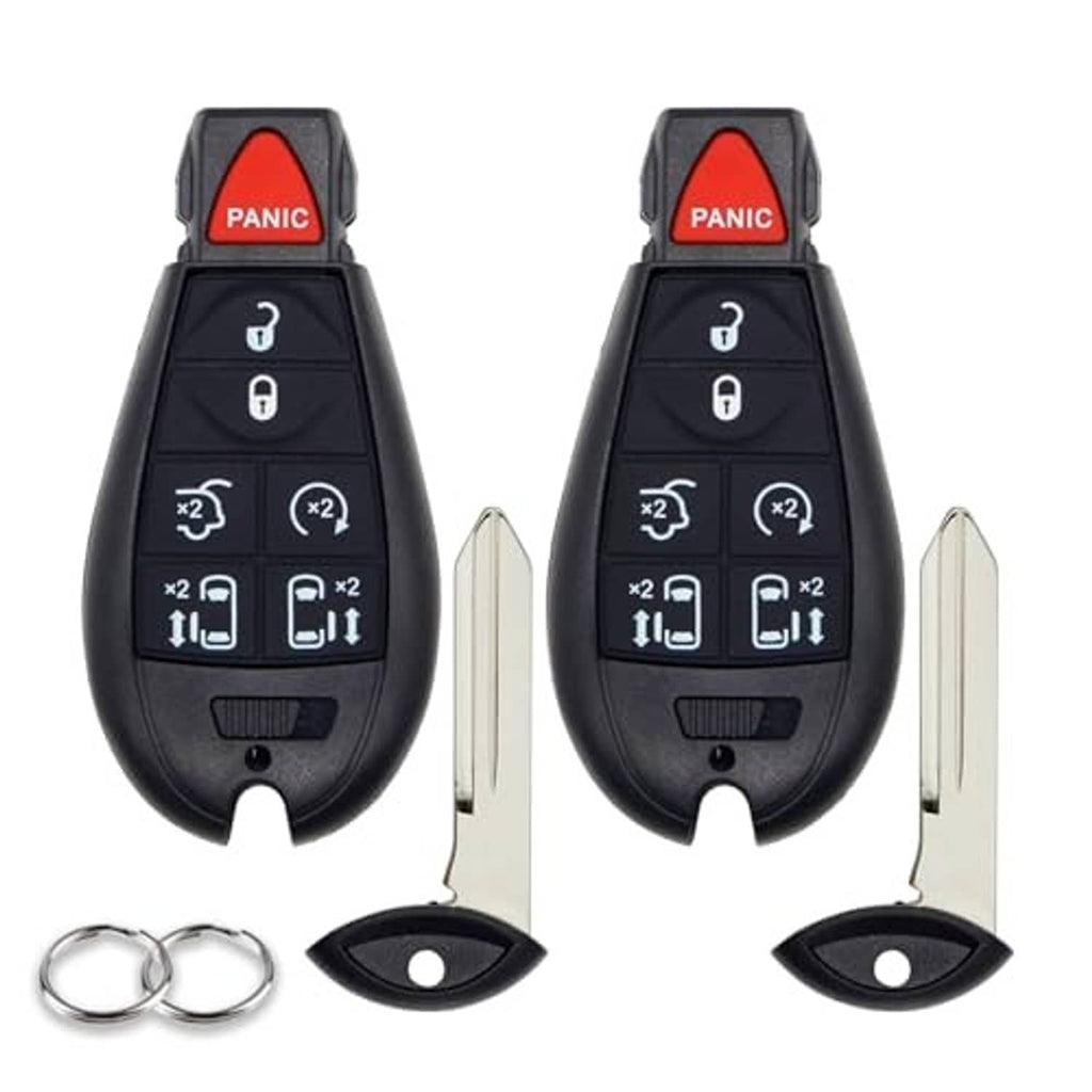 Black 7-button key fob replacement showing red PANIC button, key blade, and key rings
