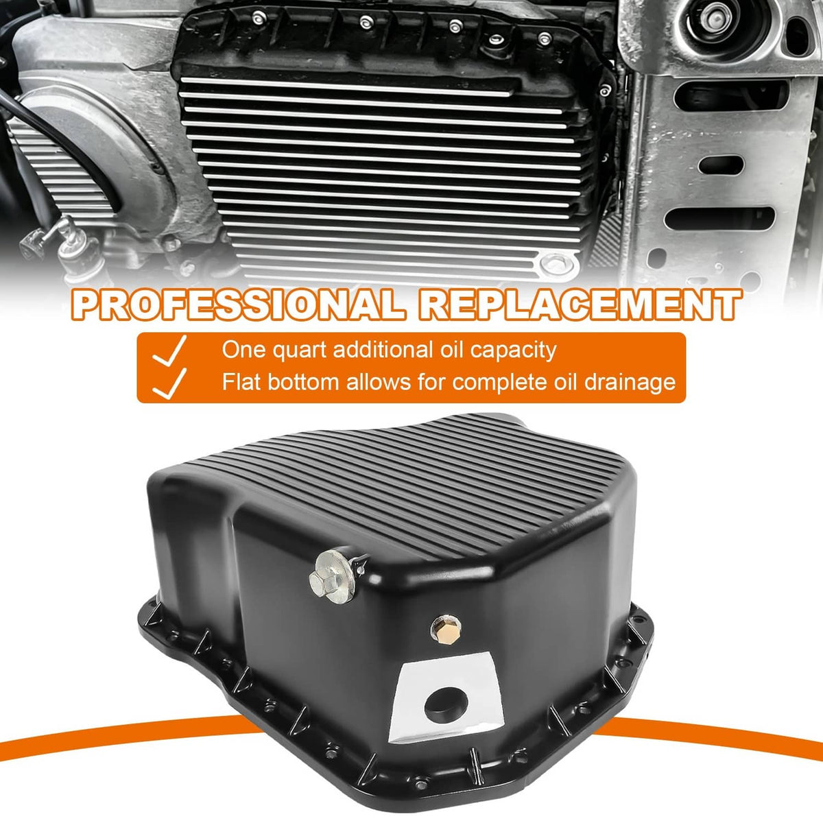 Black deep engine oil pan with ribbed top and mounting bolts, replacement oil pan