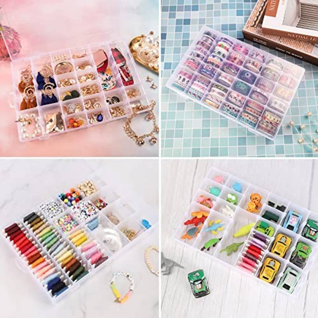 Two clear compartment organizer boxes filled with beads, charms, and small crafting parts.