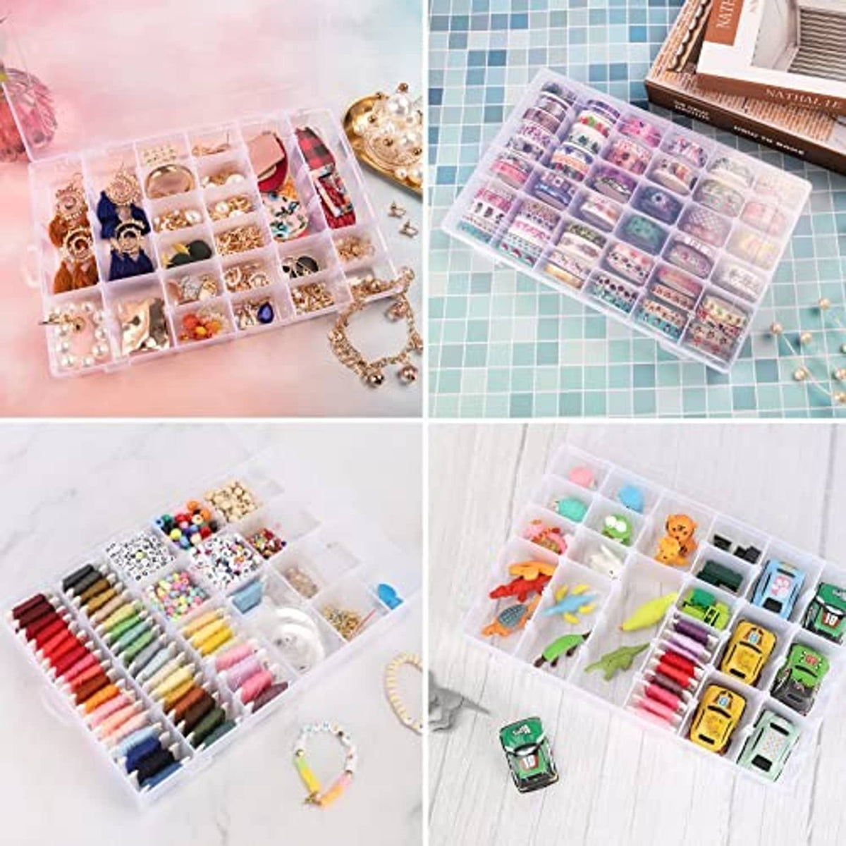 Two clear compartment organizer boxes filled with beads, charms, and small crafting parts.