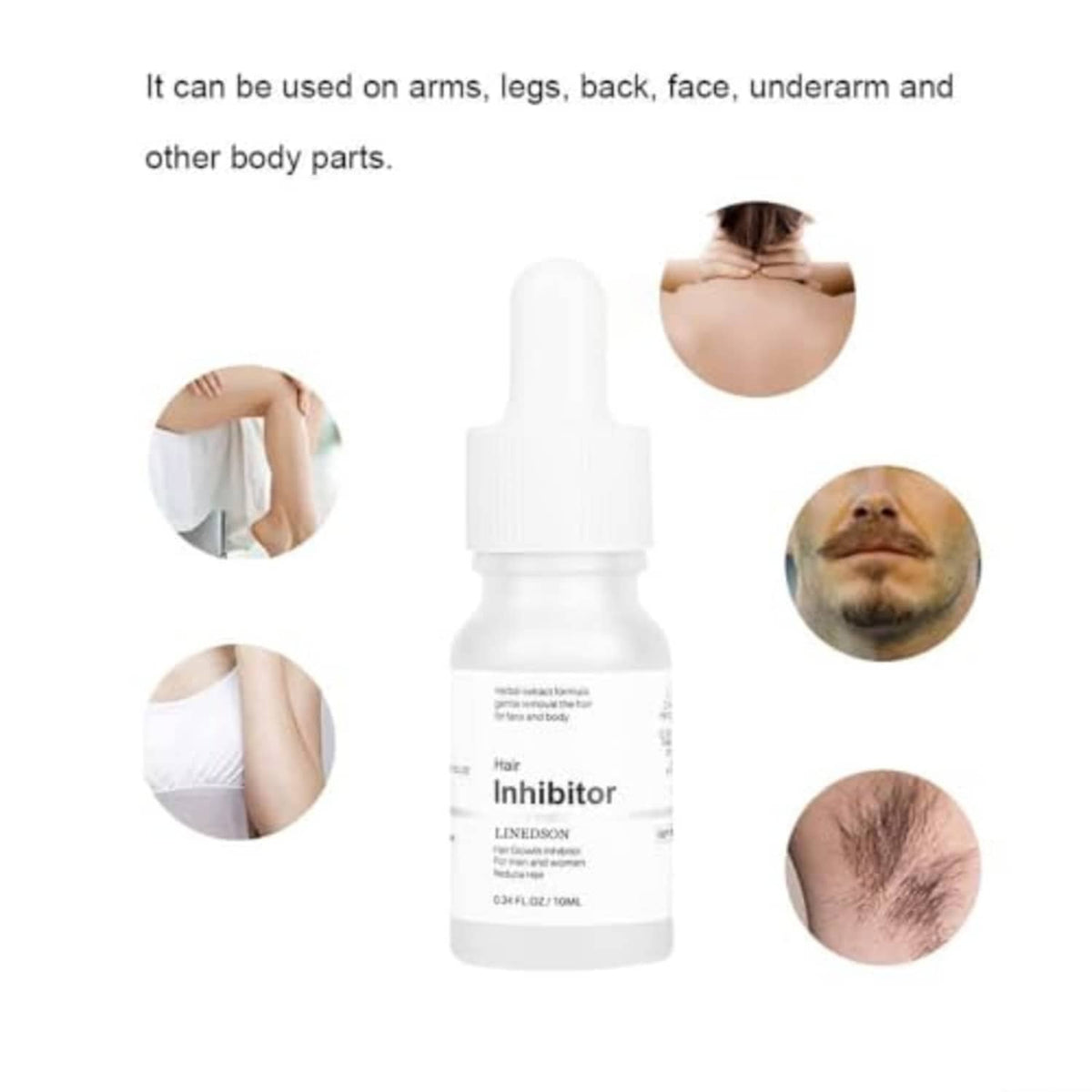 Hair growth inhibitor serum bottle with dropper for arms, legs, back and face