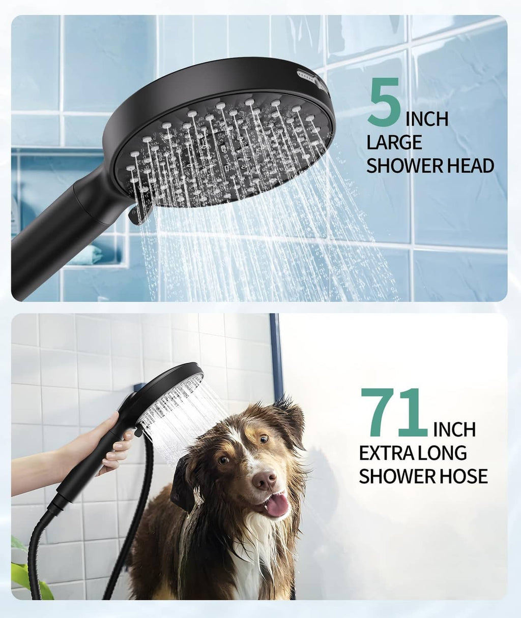 Large matte black shower head with filtered system and long shower hose