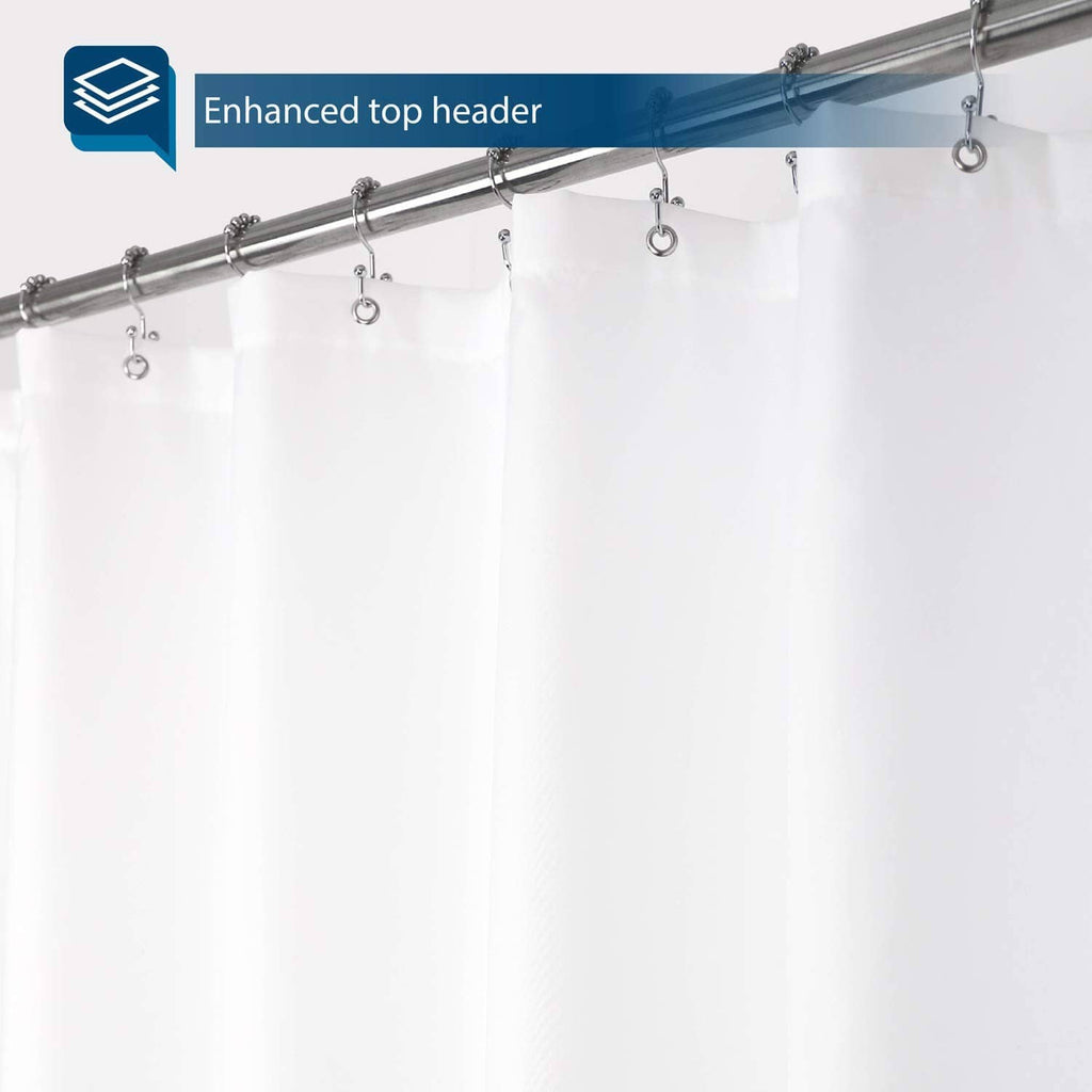 White shower curtain liner with reinforced header and evenly spaced metal eyelets