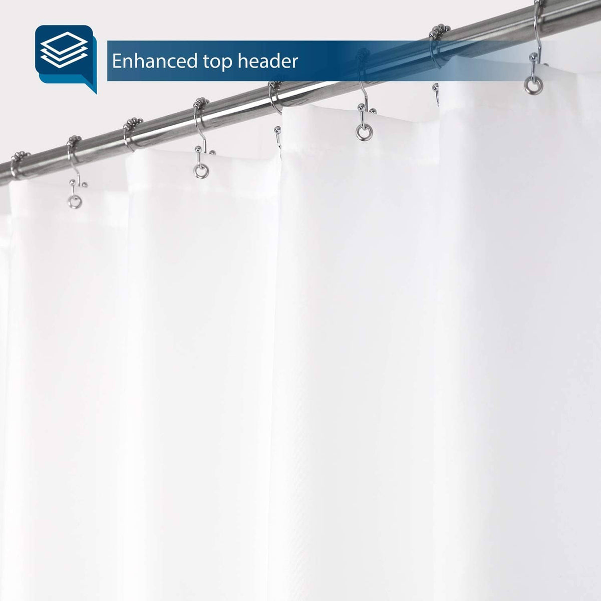 White shower curtain liner with reinforced header and evenly spaced metal eyelets