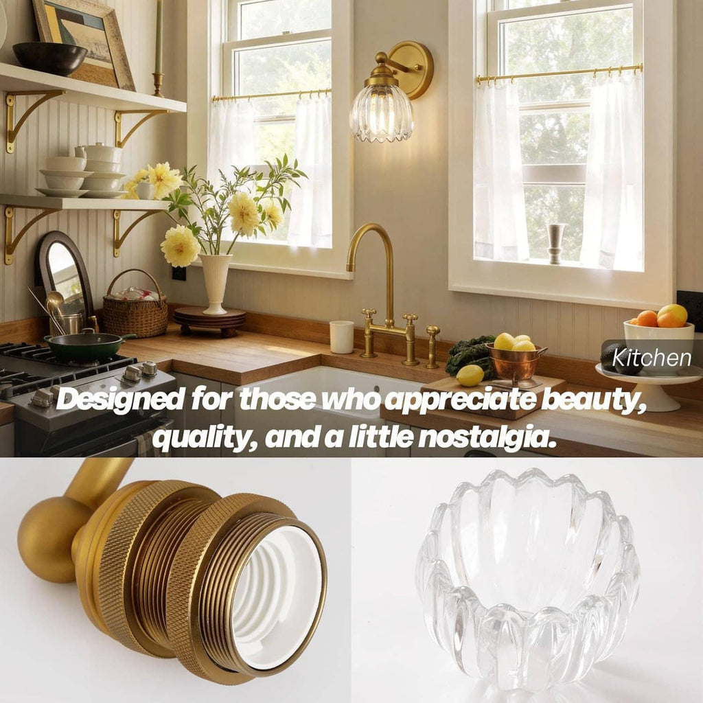 Vintage tulip glass wall sconce showing antique brass mount and clear ribbed glass shade
