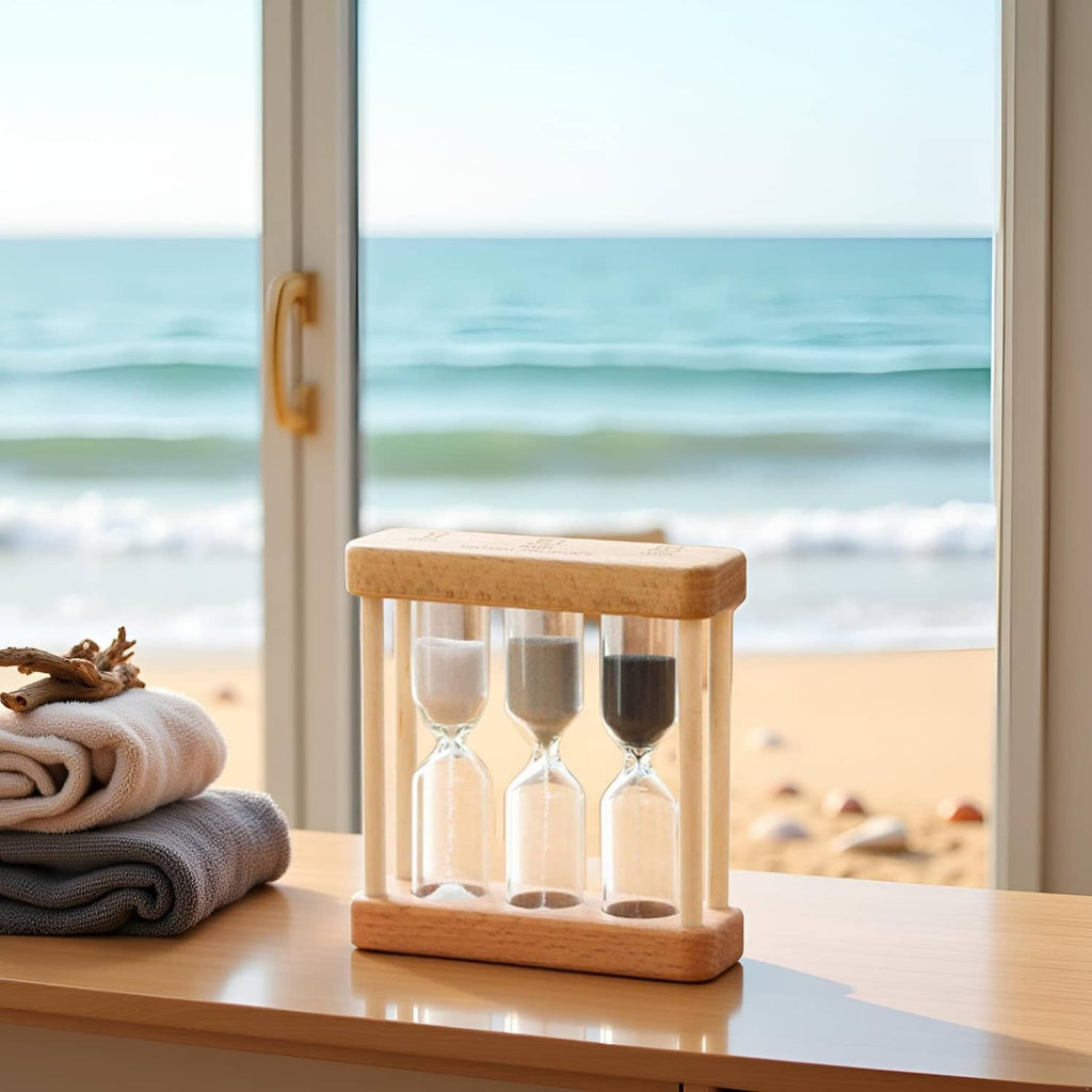 Wooden hourglass sand timer by window with three glass chambers and light sand