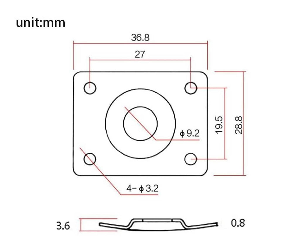 Jack plate dimensions diagram in mm, shows mounting holes and 9.5mm opening