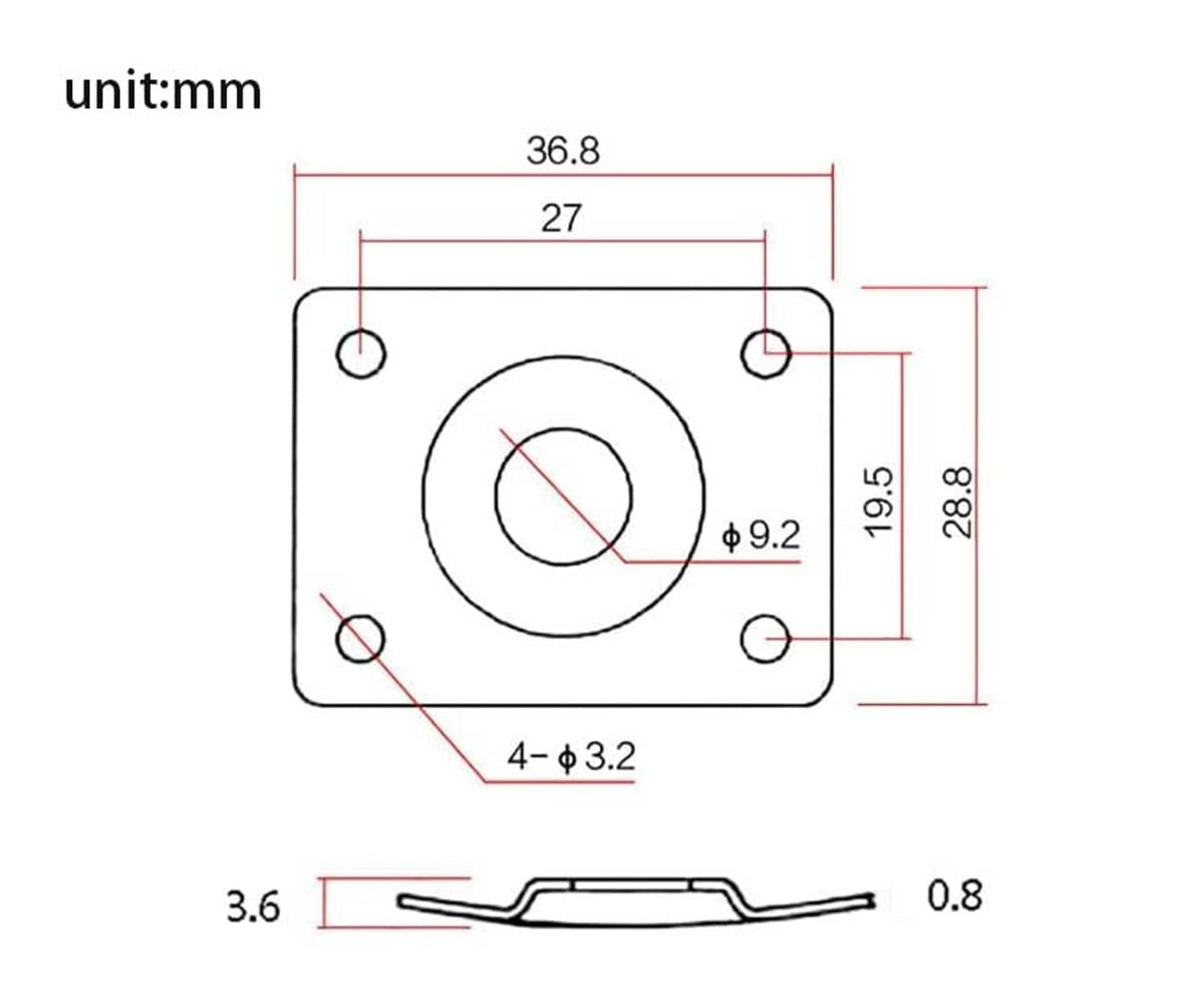 Jack plate dimensions diagram in mm, shows mounting holes and 9.5mm opening