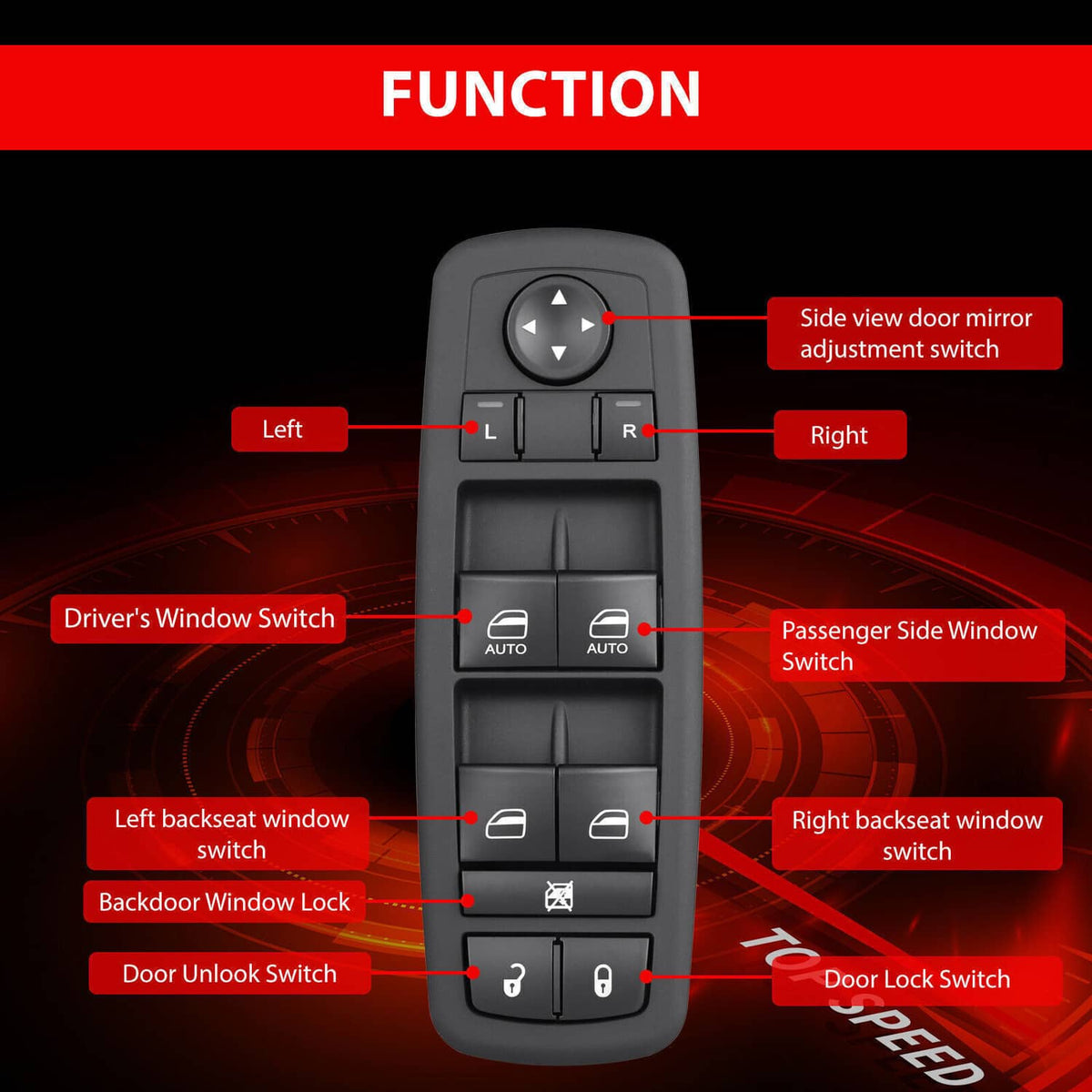 Black power window switch with mirror and window lock buttons, driver control panel