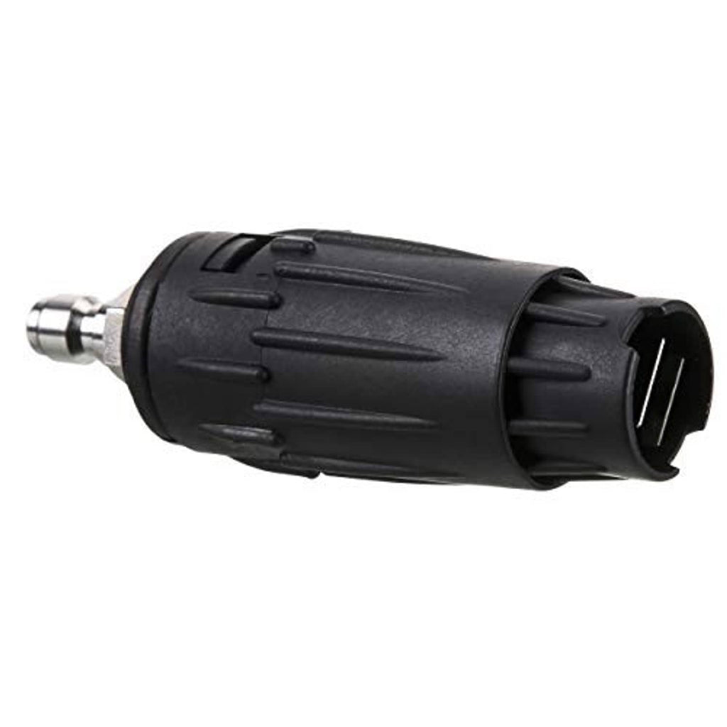 Black pressure washer nozzle tip, side view, with quick-connect metal coupler