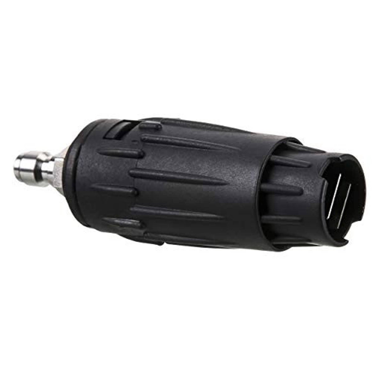 Black pressure washer nozzle tip, side view, with quick-connect metal coupler