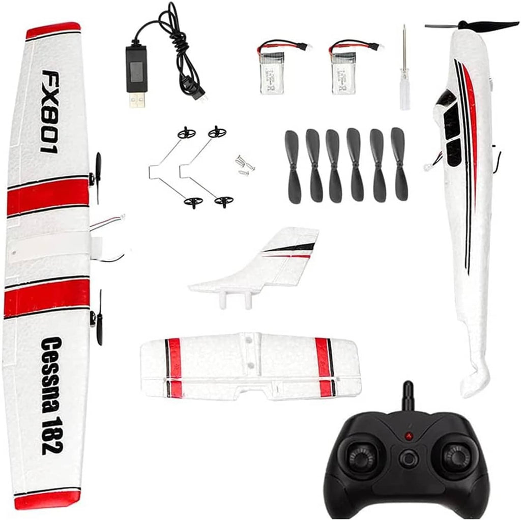 RC airplane parts kit laid out with black remote controller, batteries, and propellers