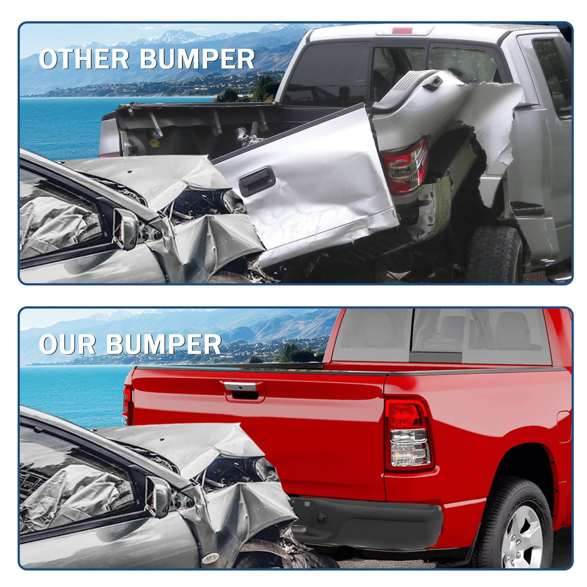 Black rear step bumper installed on truck rear, showing license area and fitment