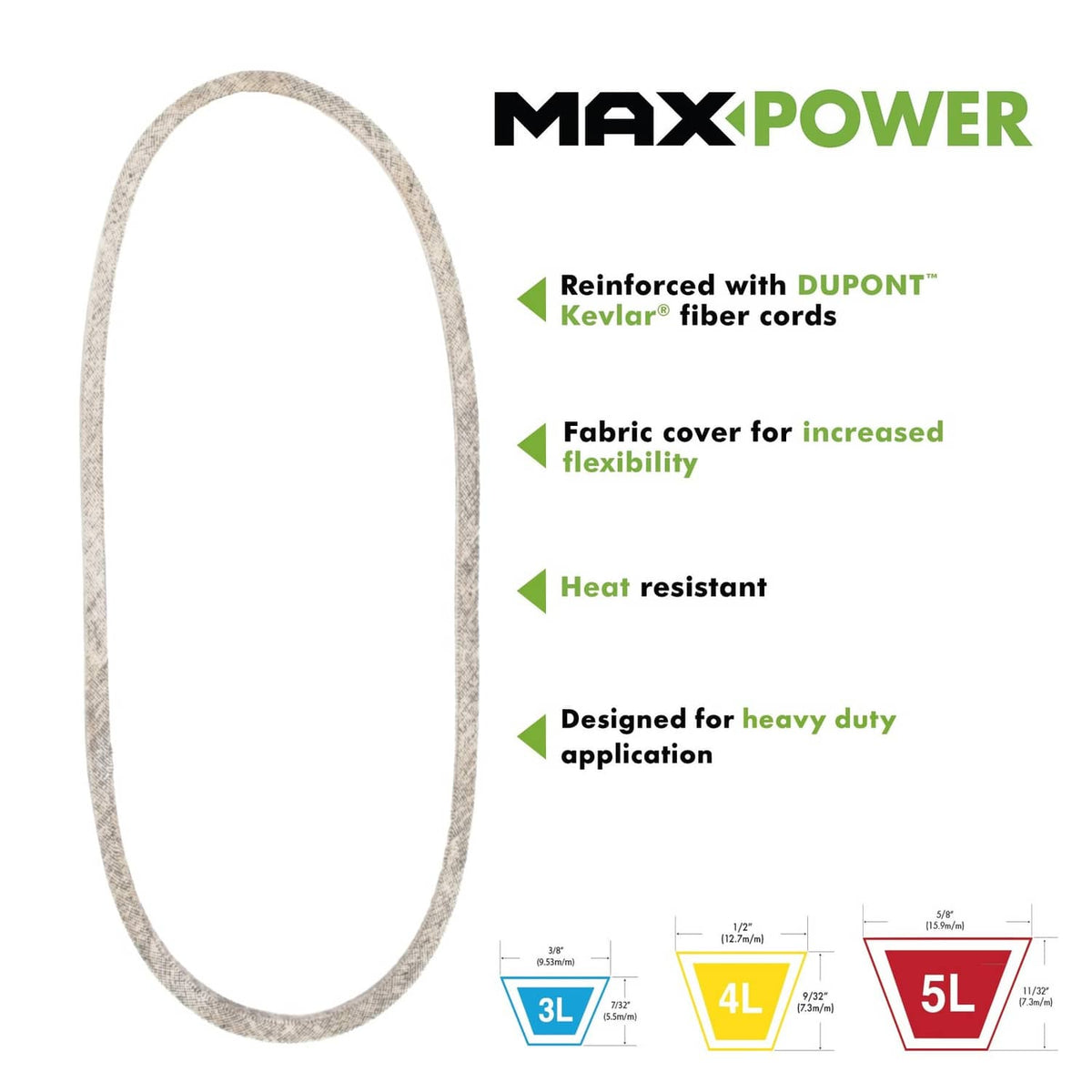 Gray V-belt loop with MAXPOWER branding and size-chart graphic