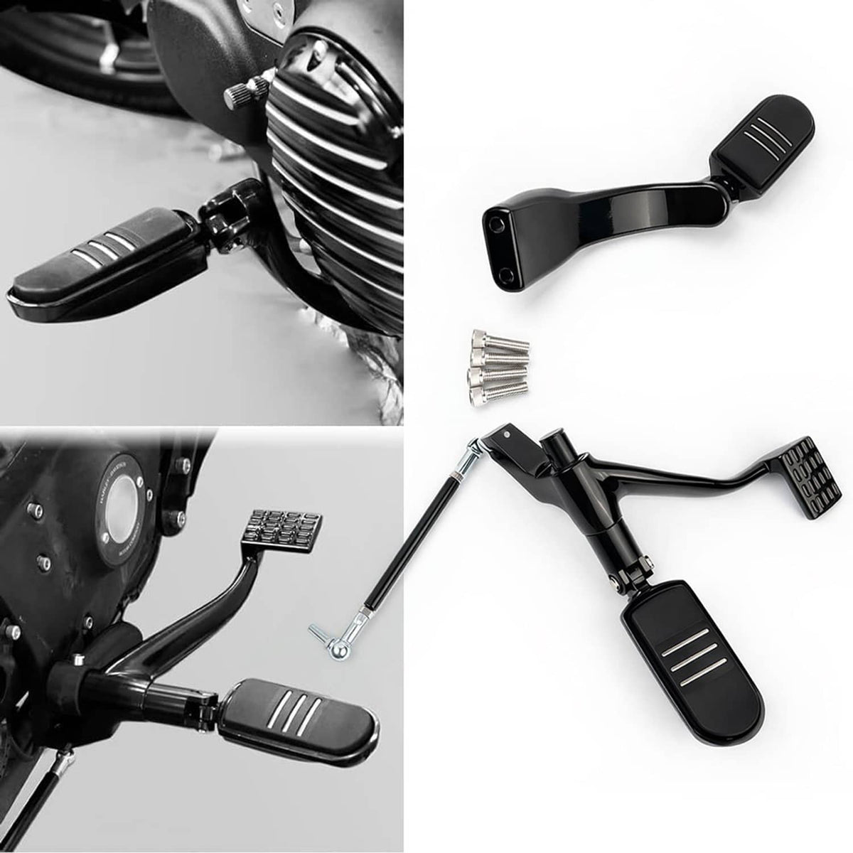 Black mid forward motorcycle footpeg levers with matching hardware and spring accents