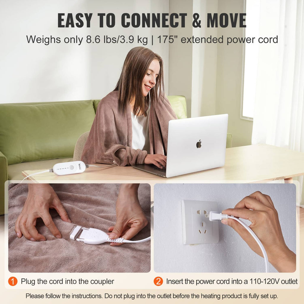 Taupe electric heated throw blanket with compact controller on a table