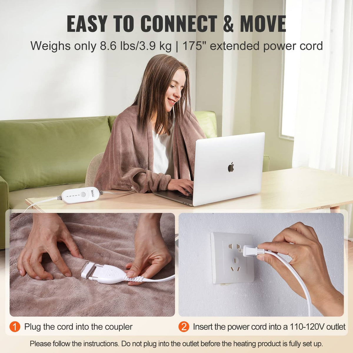 Taupe electric heated throw blanket with compact controller on a table