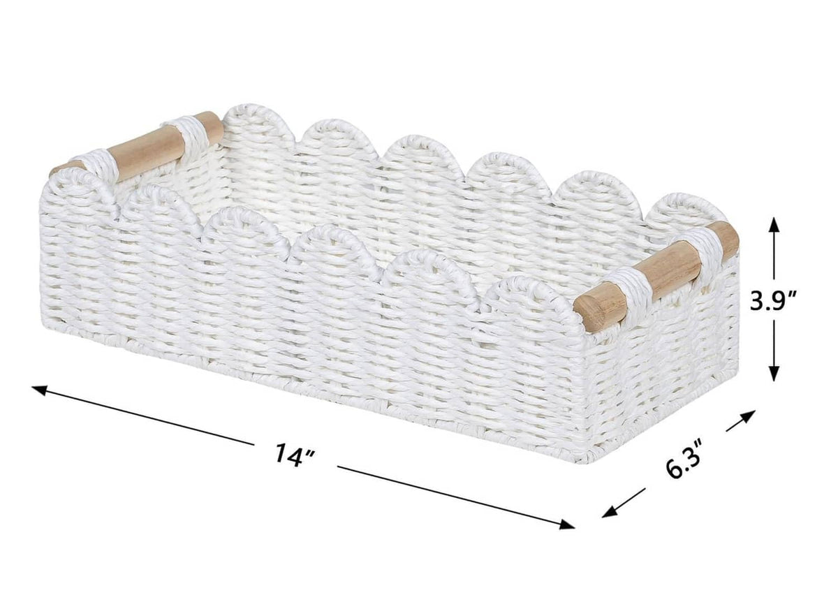 White scalloped toilet paper storage basket, 14 x 6.3 x 3.9 in with wood handles