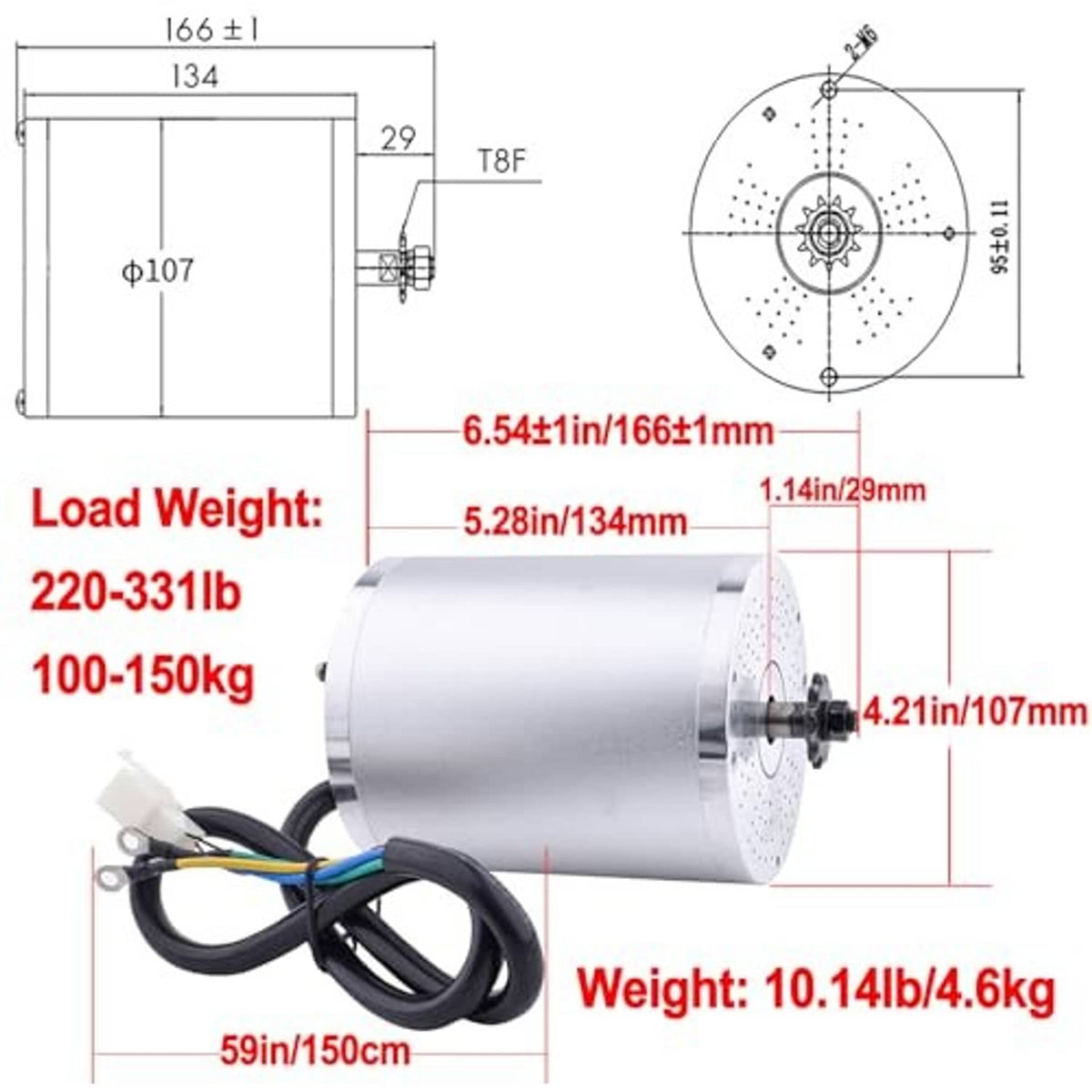 Brushless DC motor with front hub and side dimension diagram on a white background