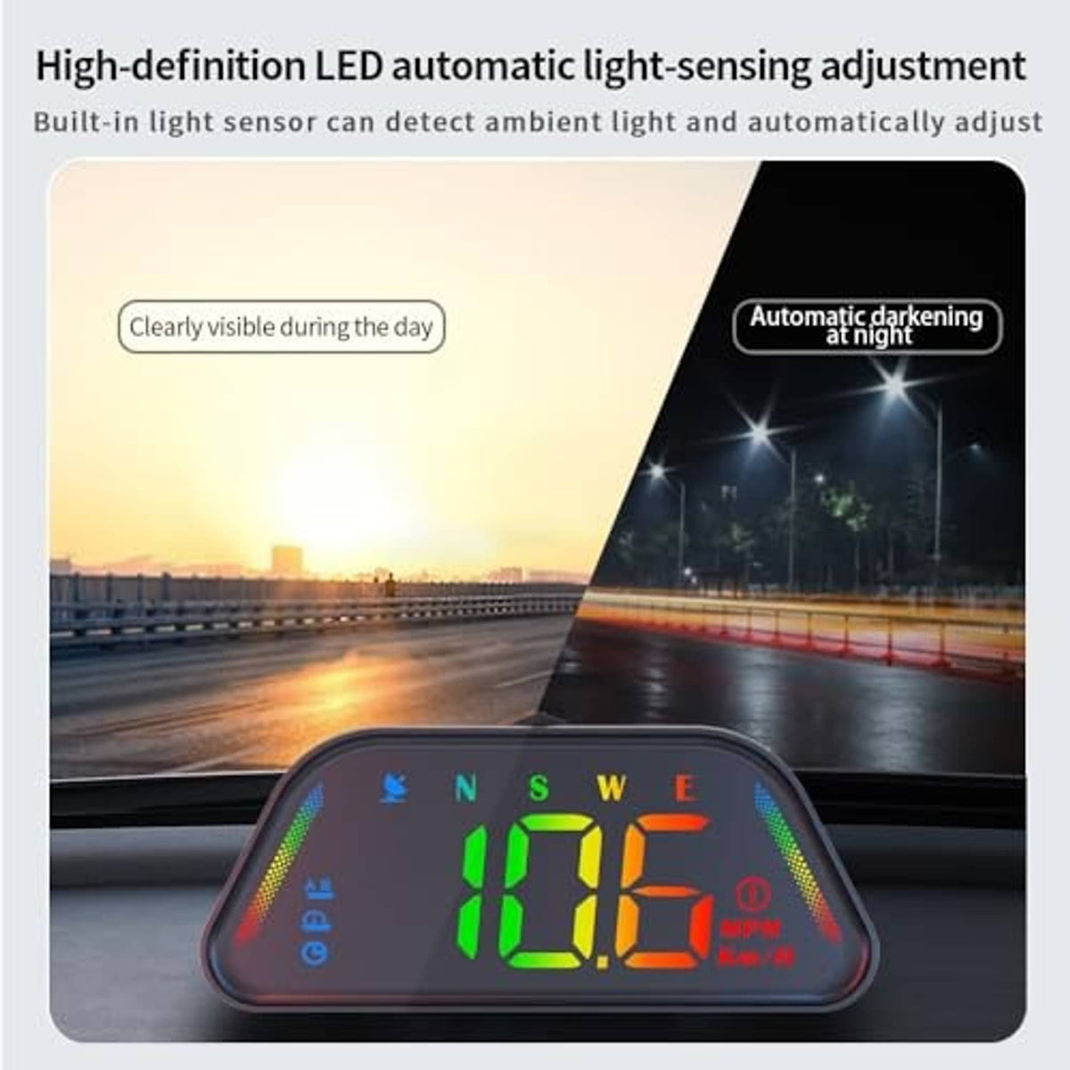 Universal car HUD GPS speedometer on dashboard with bright green and red speed digits