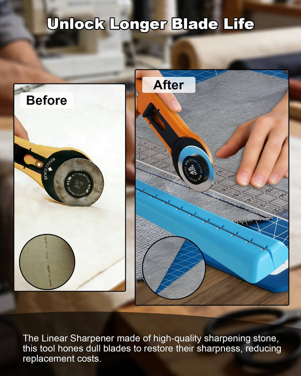 Orange and blue rotary blade sharpener restoring a rotary cutter blade on a gray surface.