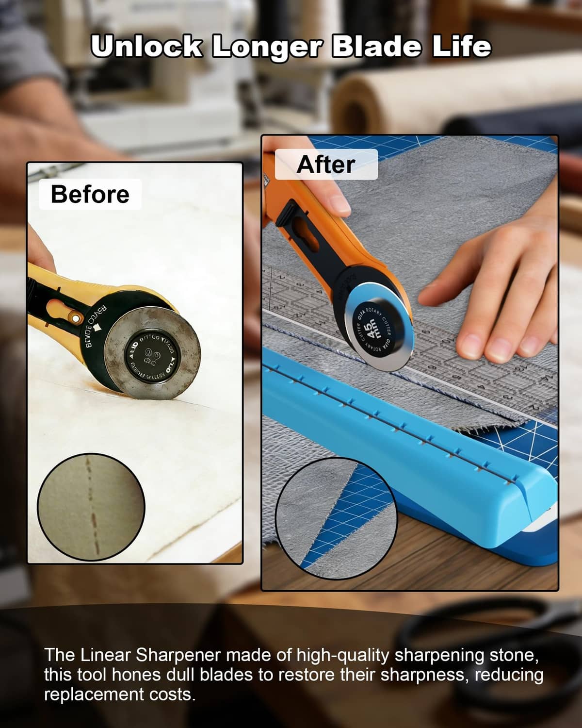 Orange and blue rotary blade sharpener restoring a rotary cutter blade on a gray surface.