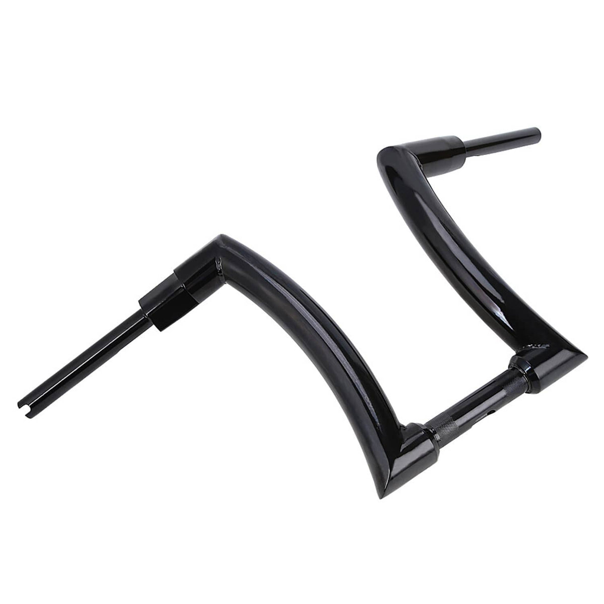 Glossy black ape hanger handlebar, close-up angled view
