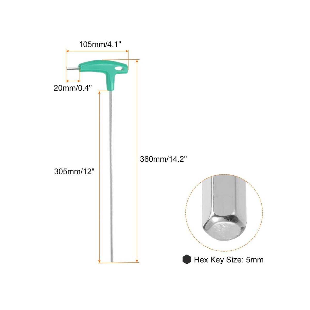 T-handle hex key wrench with 5mm hex tip and long arm