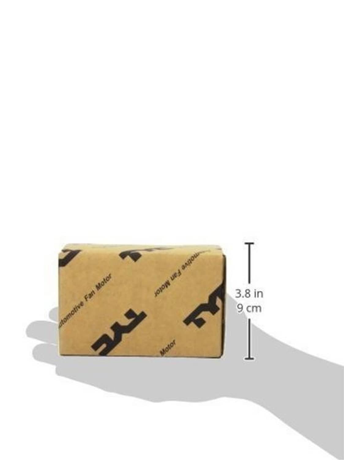 Boxed radiator/condenser fan motor package, size marked 3.8 in (9 cm)
