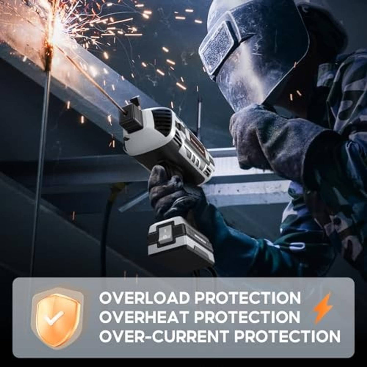 Handheld inverter welder with sparking weld tip and ventilated front grill