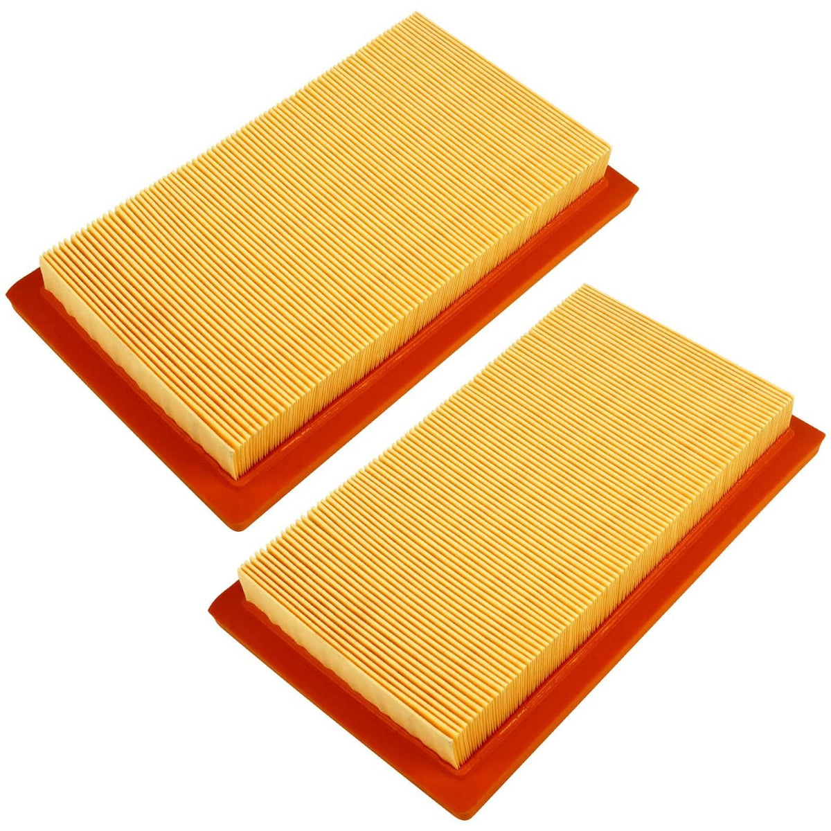 Two pleated air filter elements with yellow media and orange plastic frames