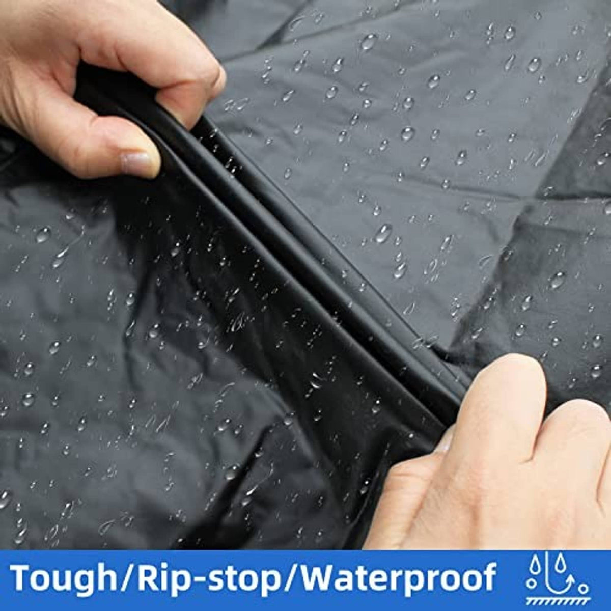 Black waterproof tire cover fabric with water droplets and stitched edge