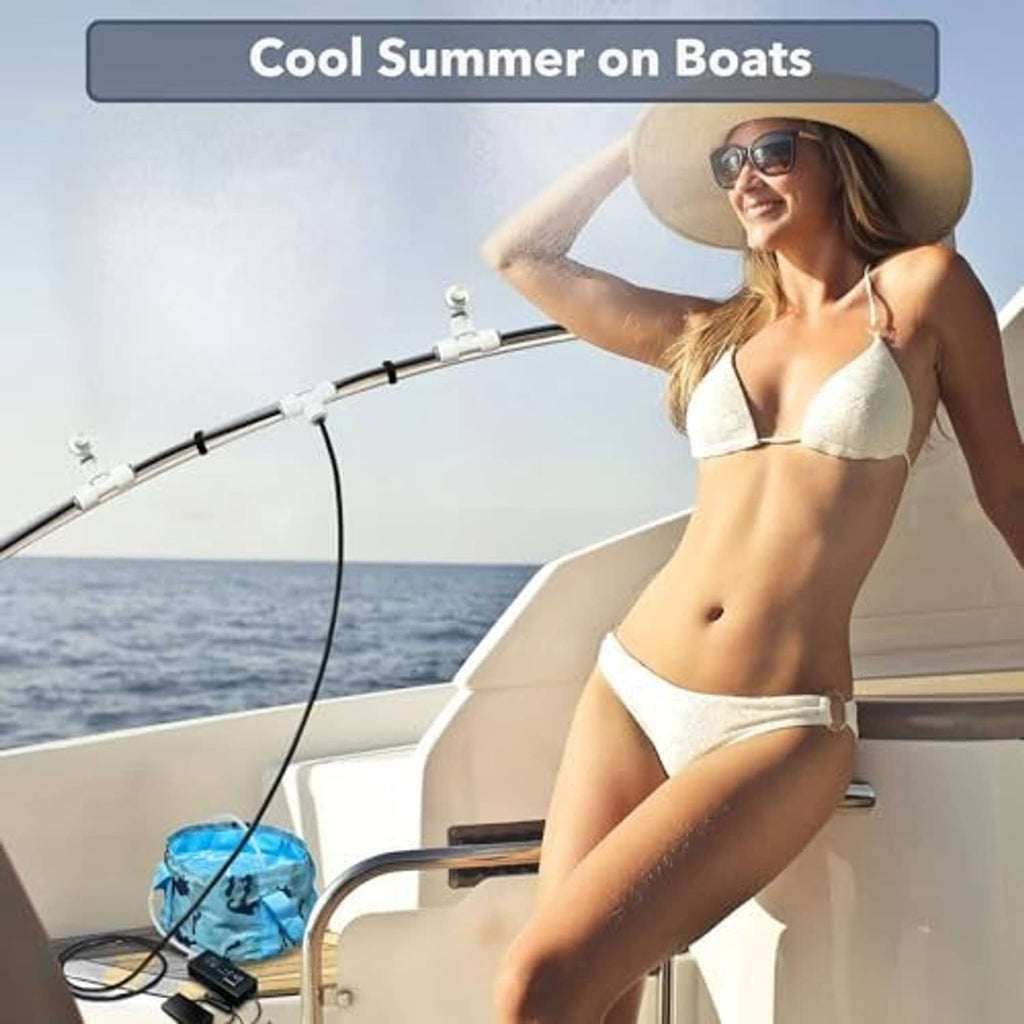 Boat misting system with foldable blue bucket, black pump, and mist nozzle hose