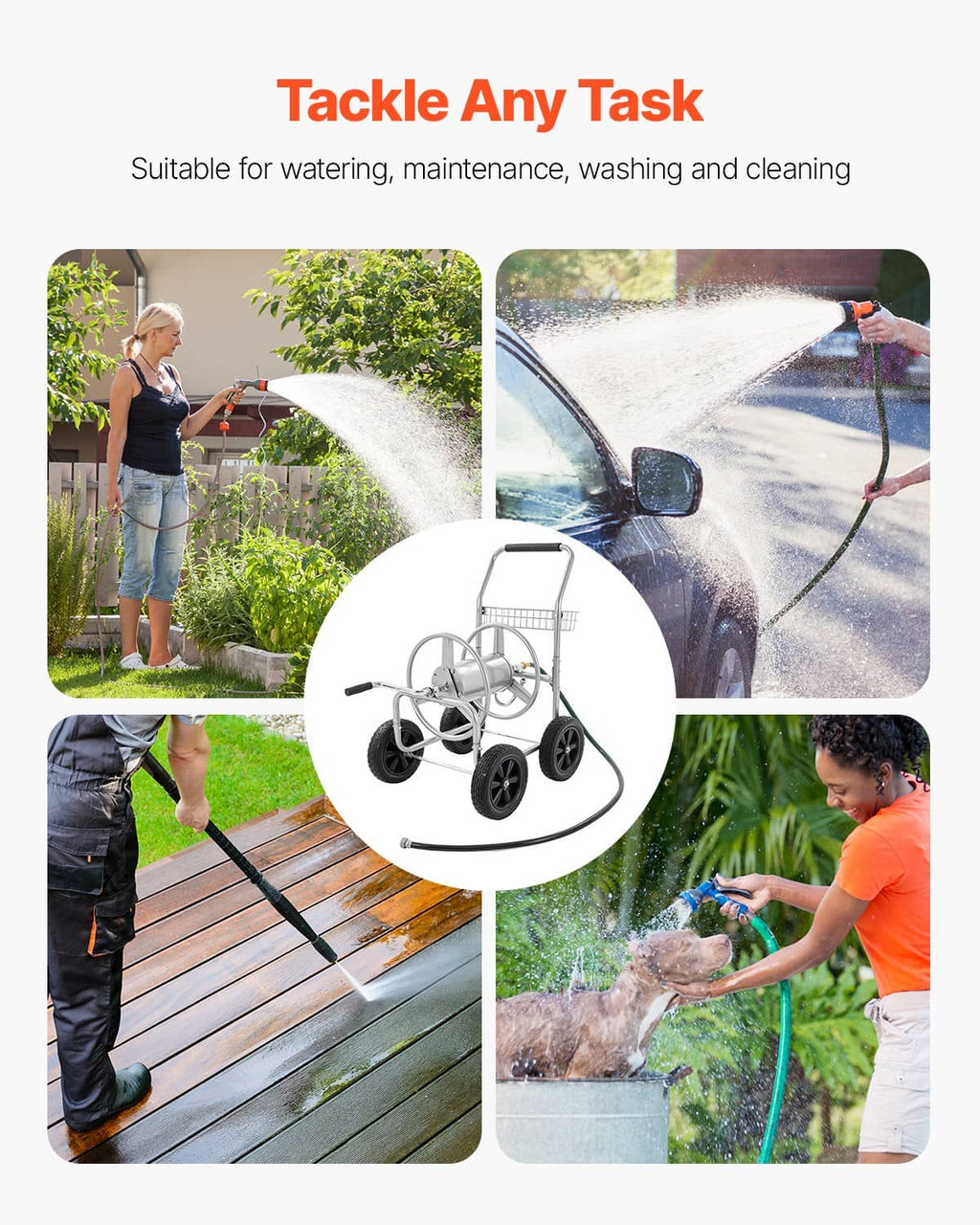 Hose reel cart for outdoor use with wheeled frame, drum, and basket for attachments