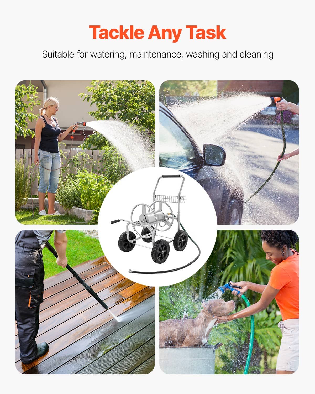 Hose reel cart for outdoor use with wheeled frame, drum, and basket for attachments