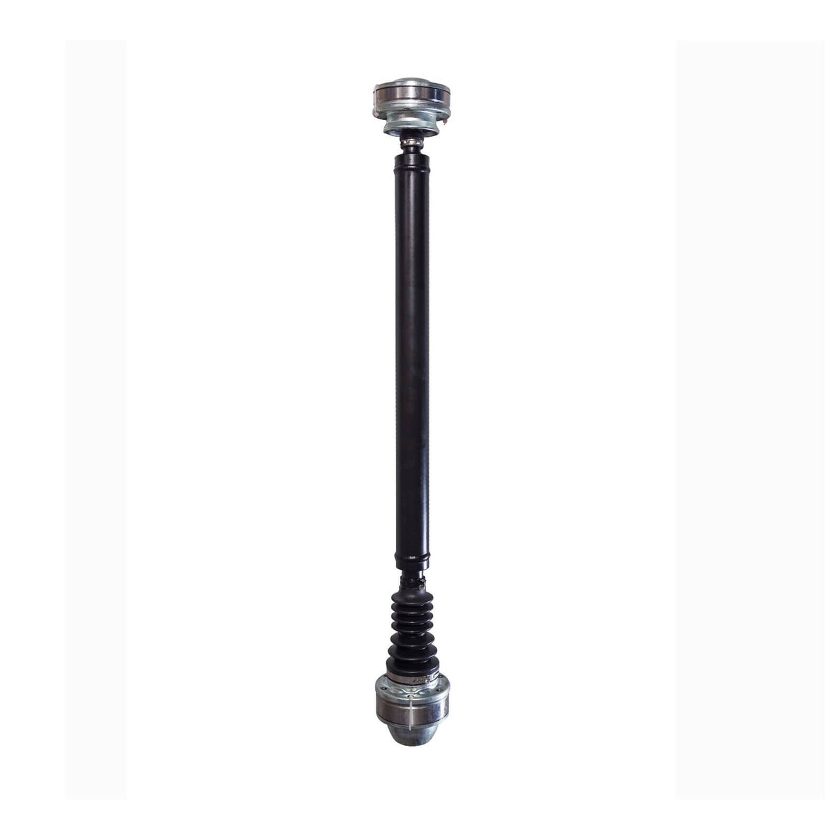 Black front drive shaft with rubber boot and metal joint at one end