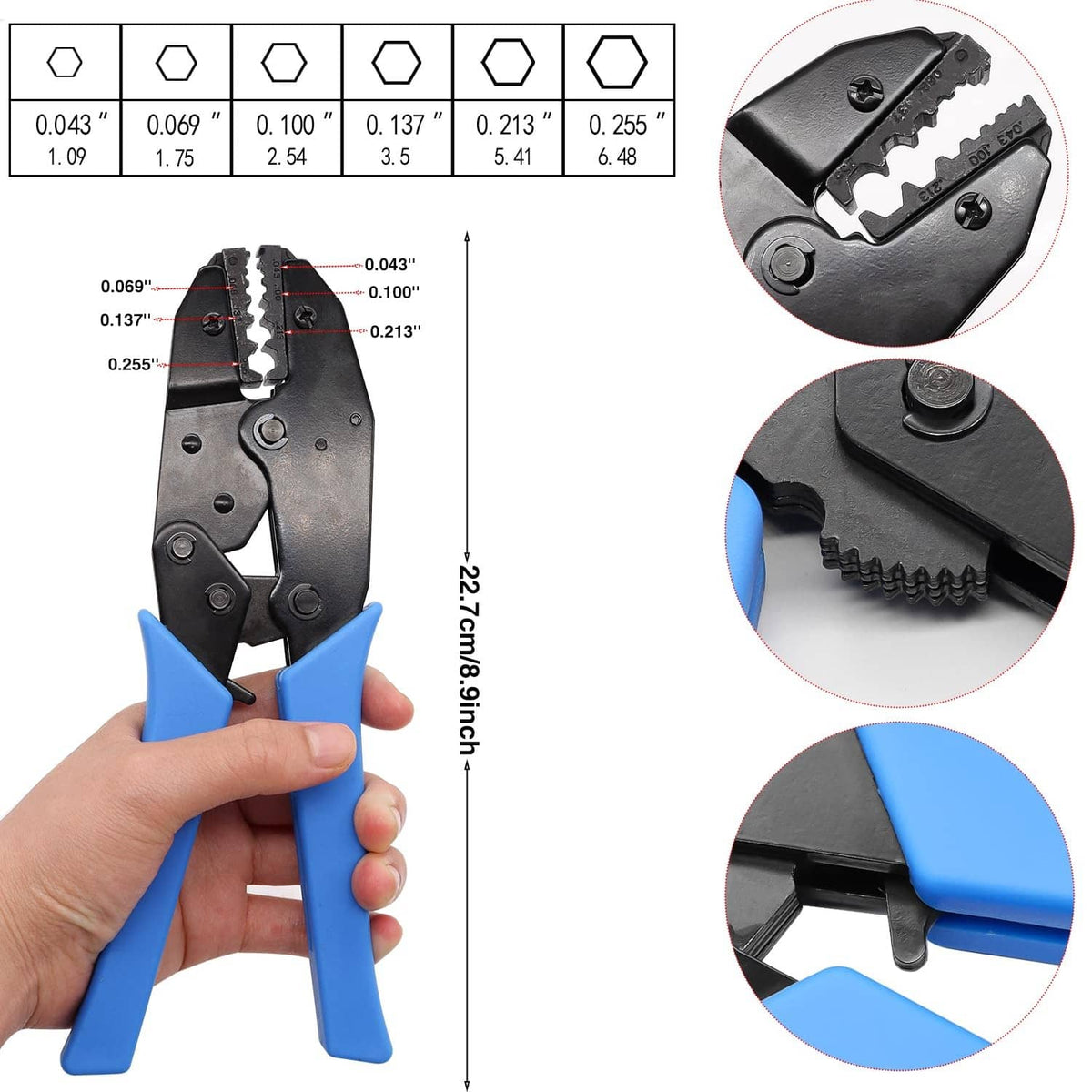 Coaxial BNC crimp tool with blue handles and orange die, shown being crimped