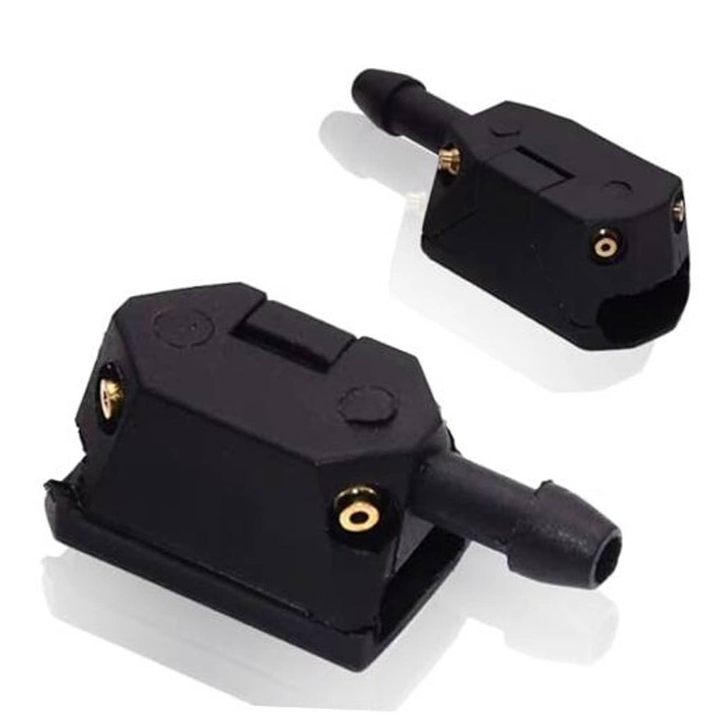 Pair of black front windshield washer spray nozzles with copper inlet ports