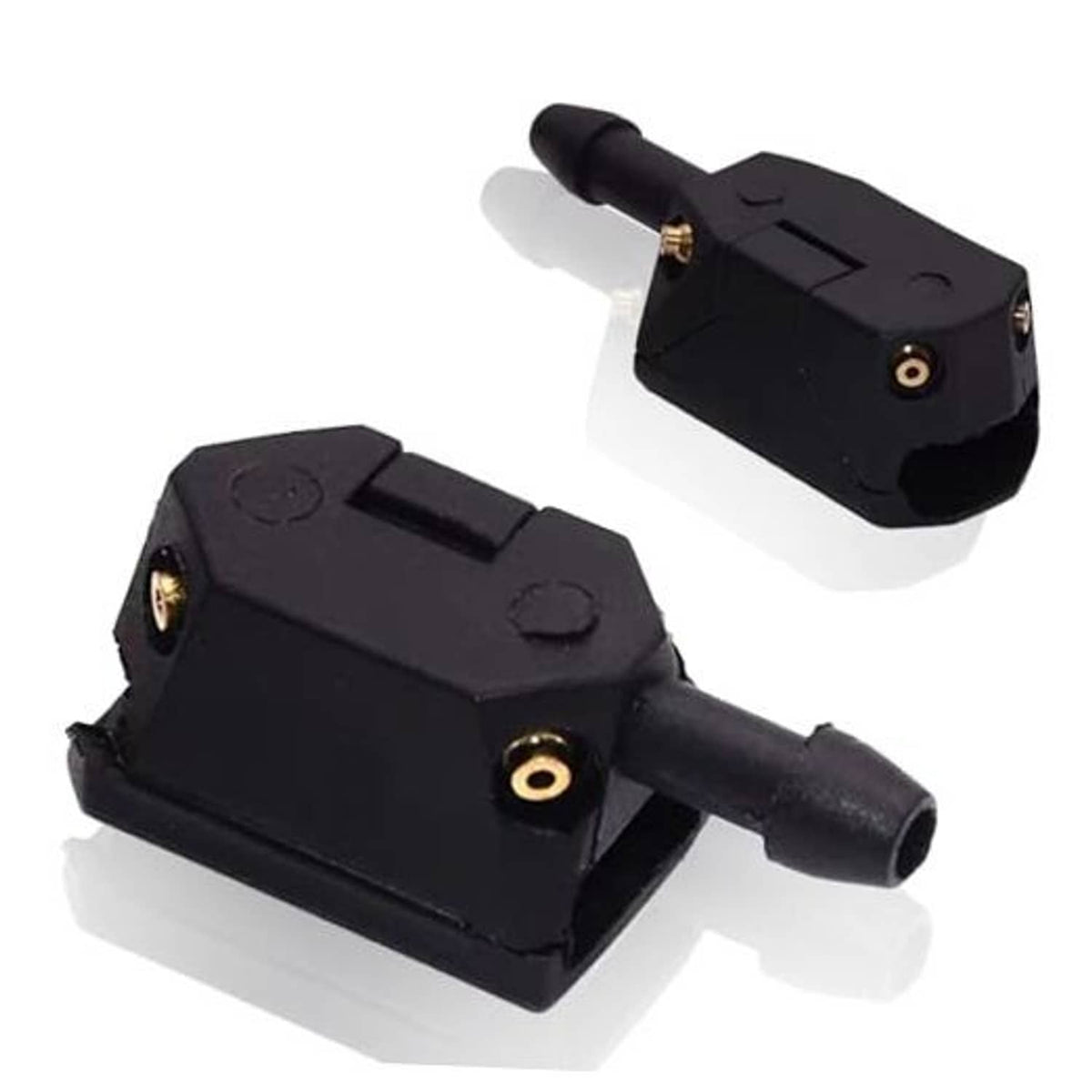 Pair of black front windshield washer spray nozzles with copper inlet ports