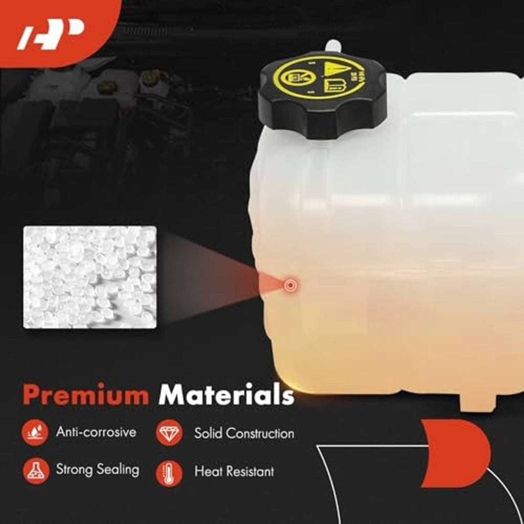 Coolant recovery overflow reservoir tank with black cap on translucent white body