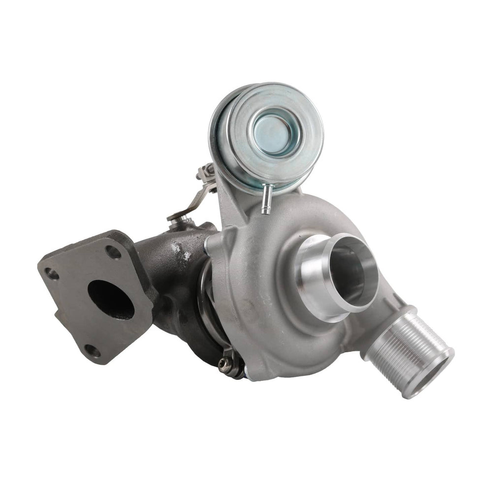Turbocharger with round compressor inlet, black turbine housing, and intake flange