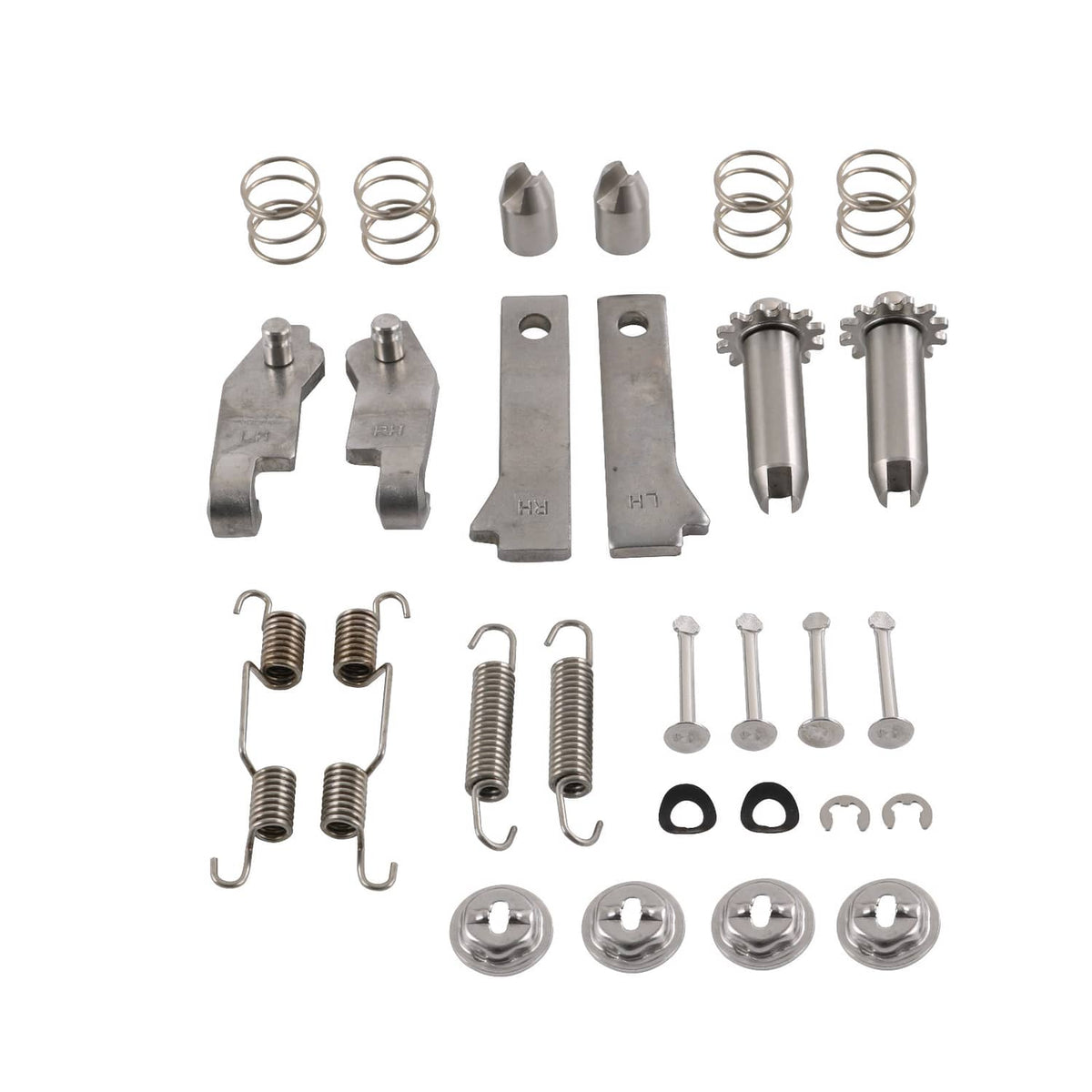 Stainless steel parking brake hardware kit with springs, brackets, pins, and fasteners