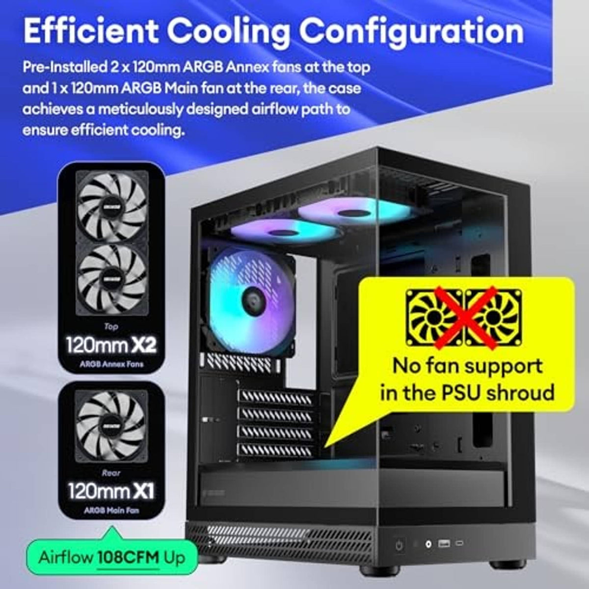 Micro ATX PC case with preinstalled ARGB top and rear fans, showing airflow design