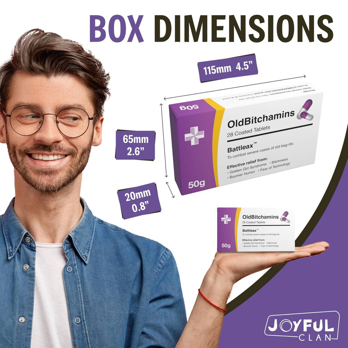 OldBitchamins pill box held by man with box dimensions, purple and white