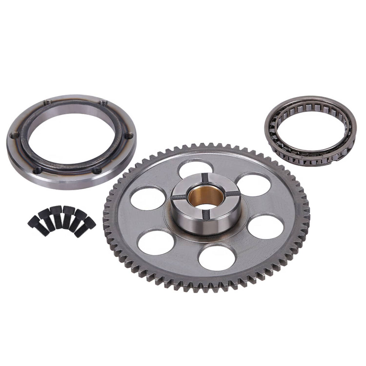 Starter clutch kit components: main gear, seal ring, one-way bearing, and small bolt set