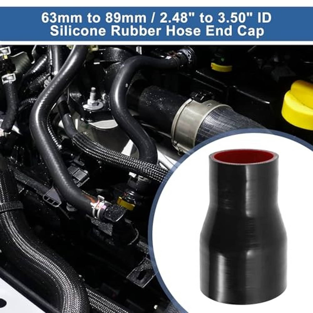 Black silicone hose reducer with red inner rim, shown on an engine coolant hose