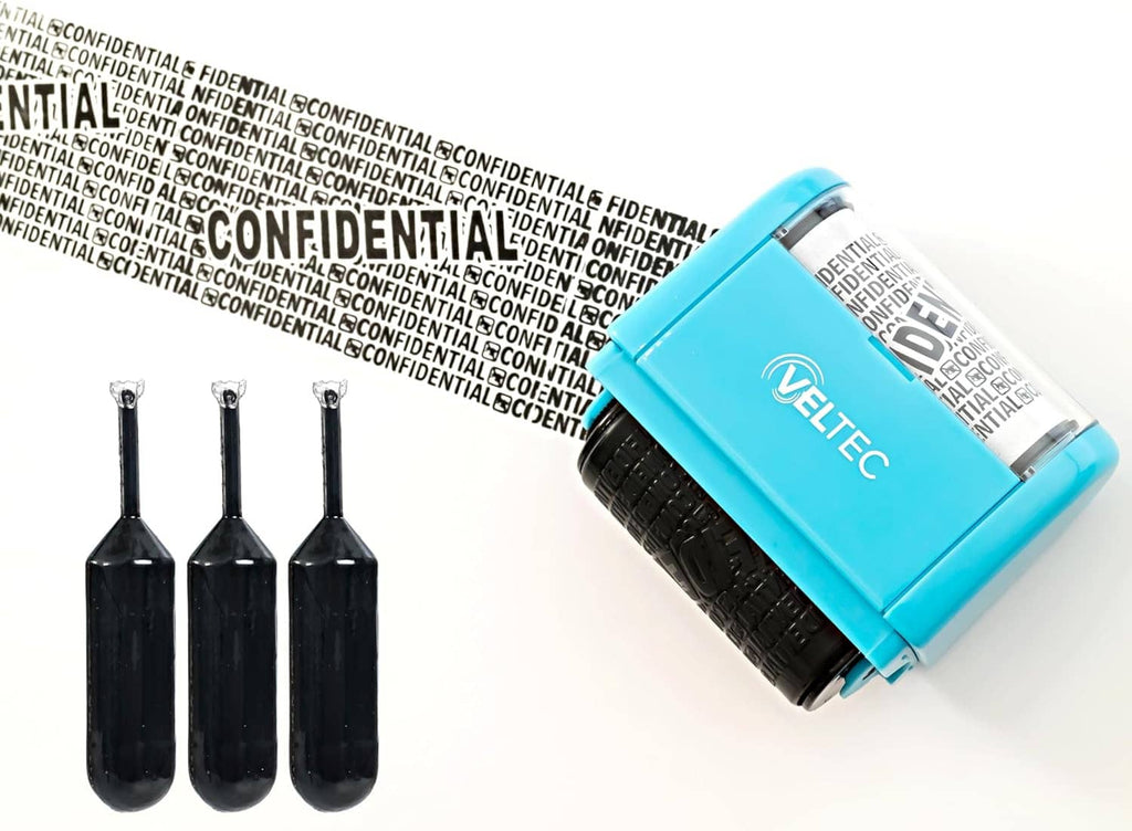Blue identity ink roller stamp tilted with black ink cartridges beside security pattern