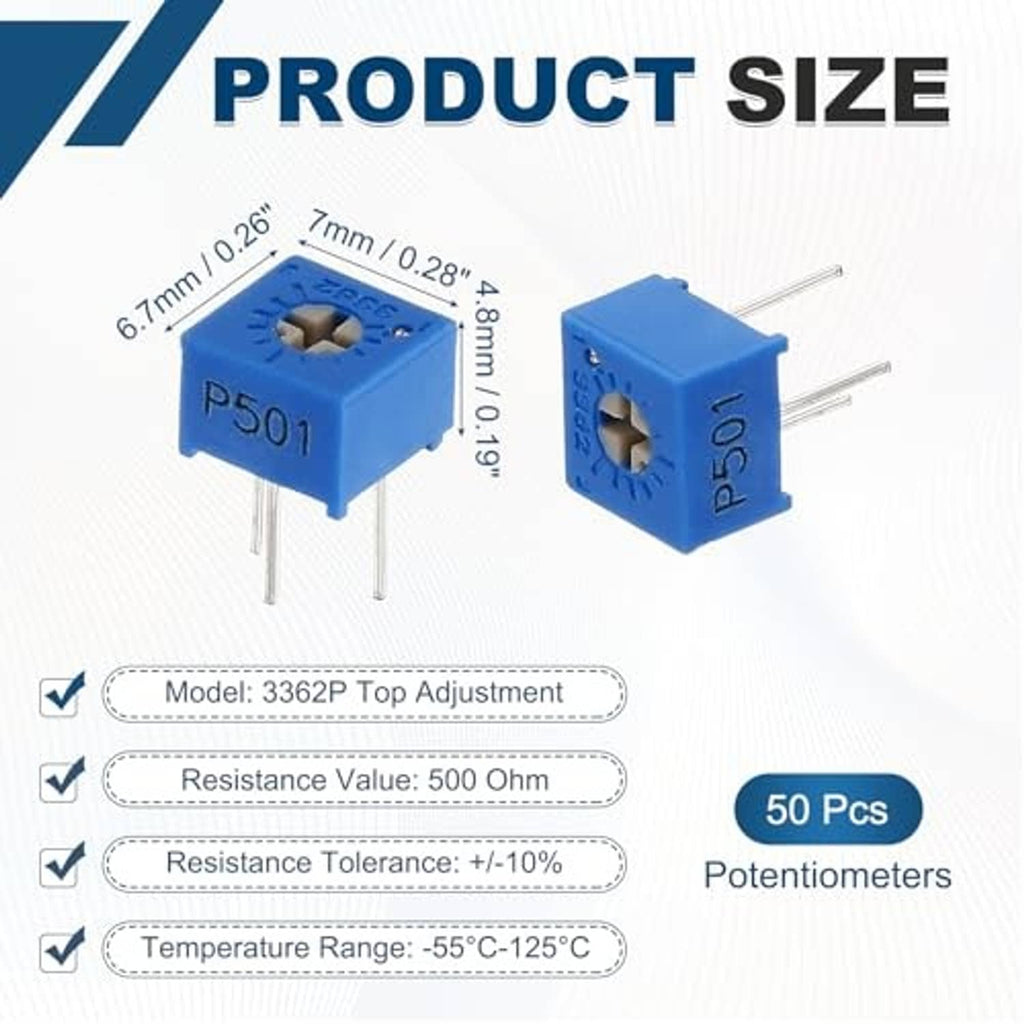 Blue 3362P-style trimmer potentiometers with star adjustment top and shown dimensions
