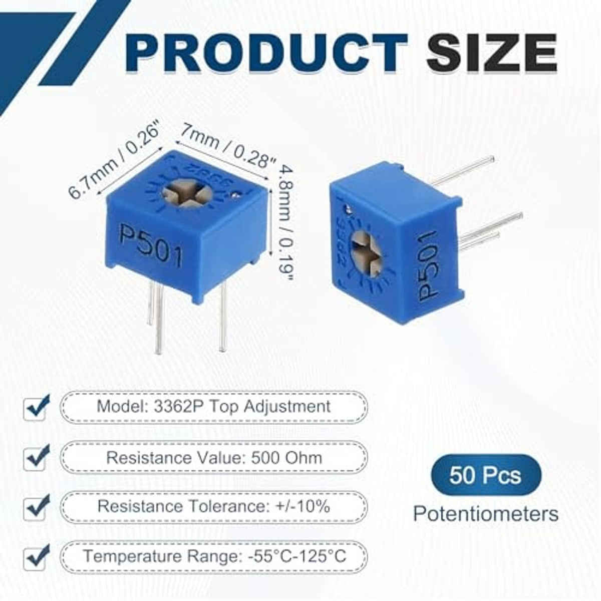 Blue 3362P-style trimmer potentiometers with star adjustment top and shown dimensions