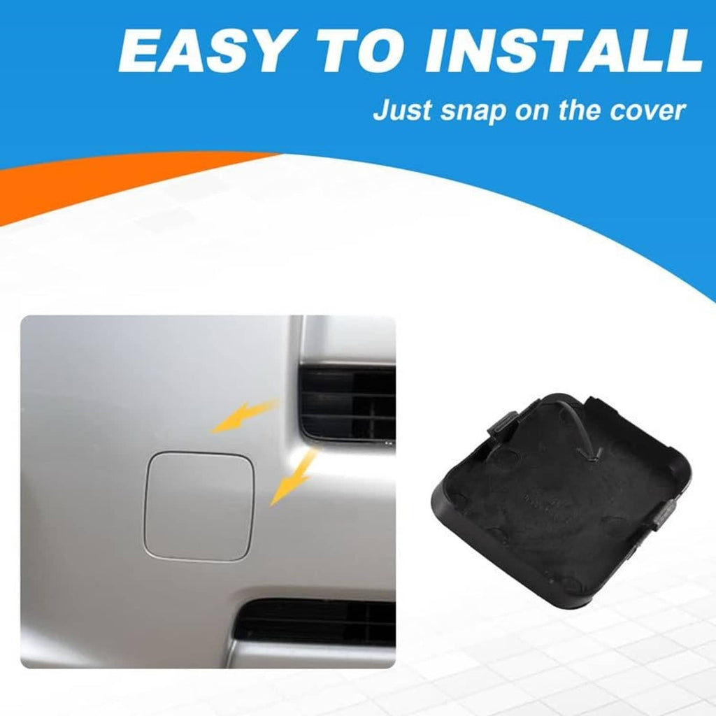 Tow hook cover cap snap-on installation onto front bumper opening, black